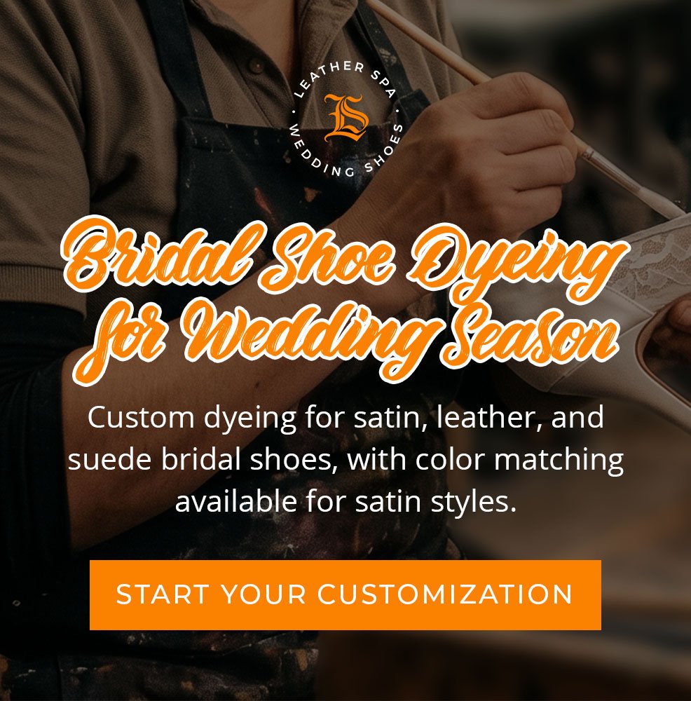 Bridal shoe dying for wedding season. Custom dyeing for satin, leather and suede bridal shoes, with color matching available for satin styles.